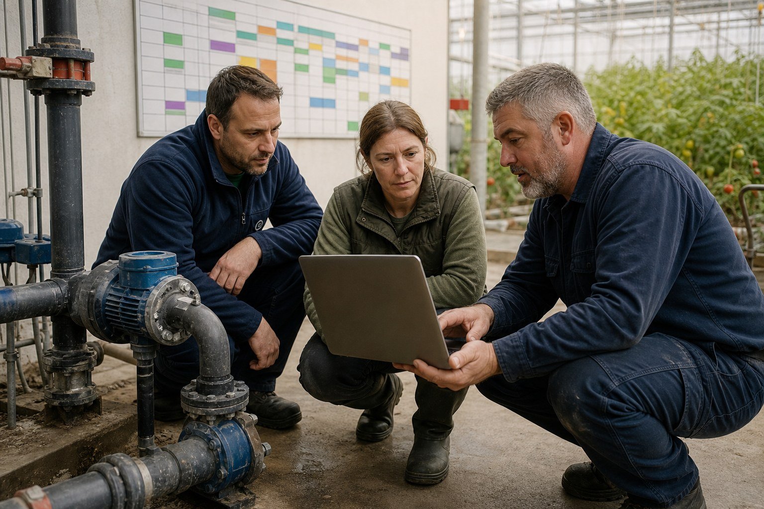Greenhouse operations and maintenance team reviewing a repaired pump and work history