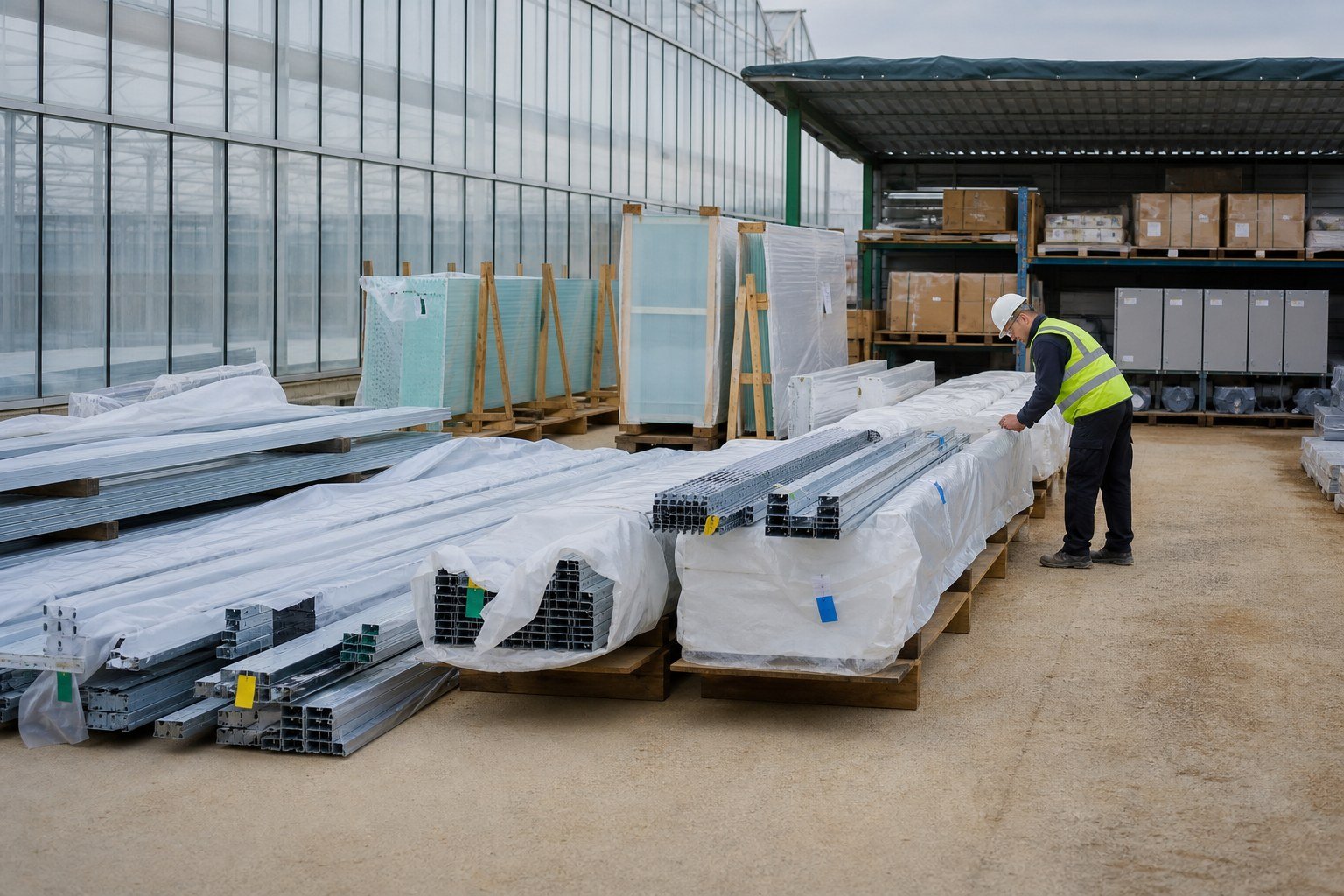 Organized greenhouse steel, cladding, equipment, and boxes protected in separate site storage zones