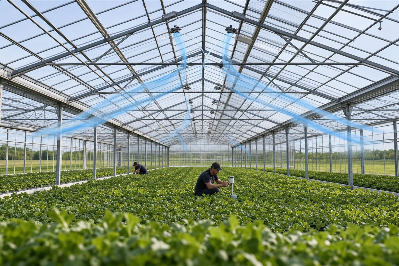 Commercial greenhouse with open side and ridge ventilation and technicians checking sensors at crop height