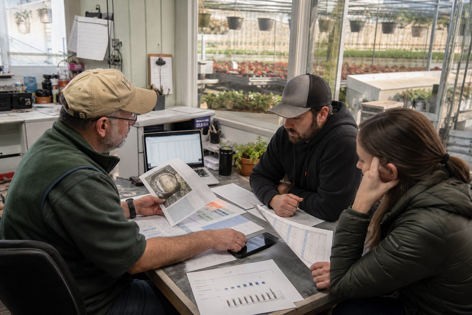 Greenhouse owner, grower and finance manager reviewing operating records in the headhouse