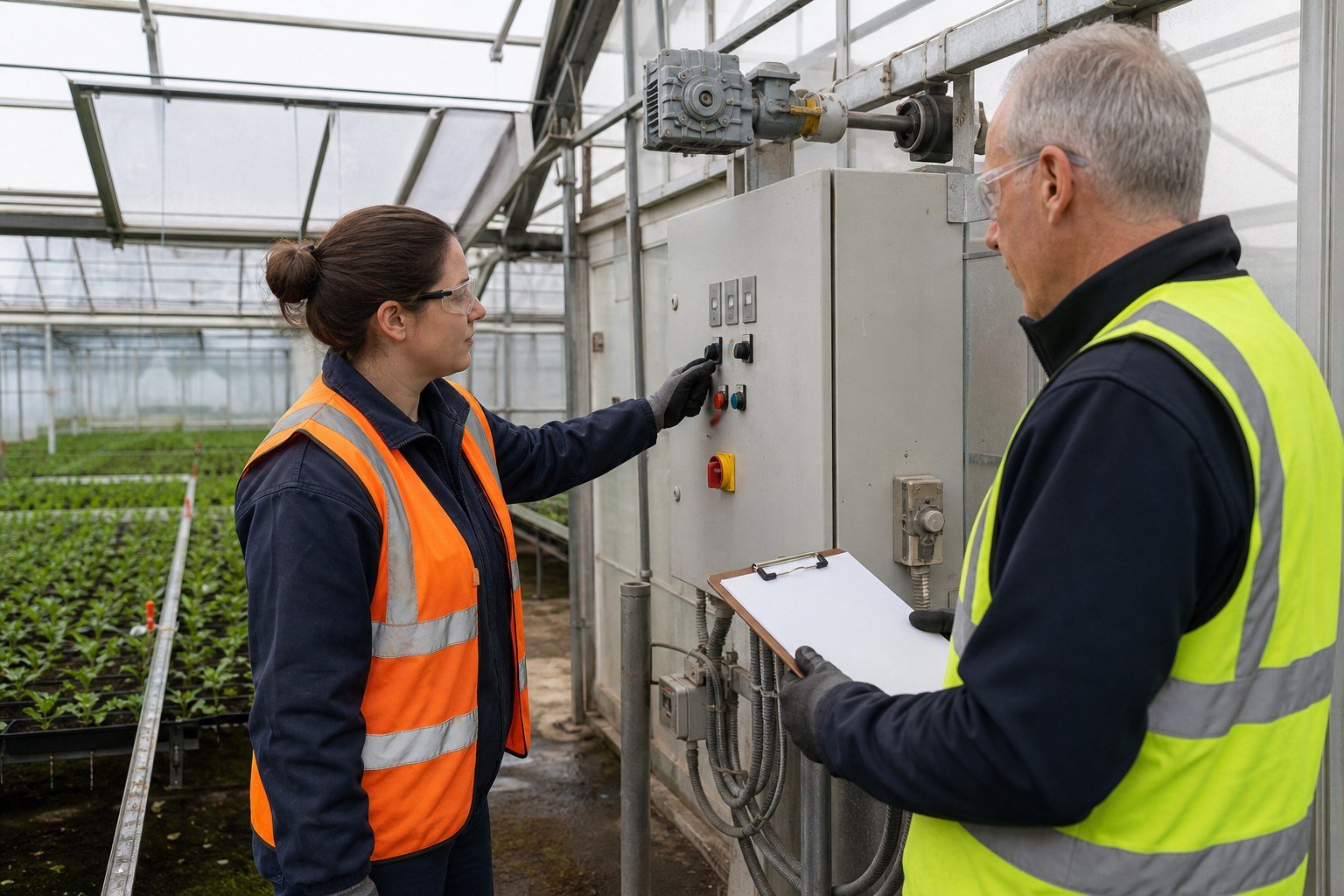 Greenhouse operator demonstrating a safe manual control action while a trainer observes