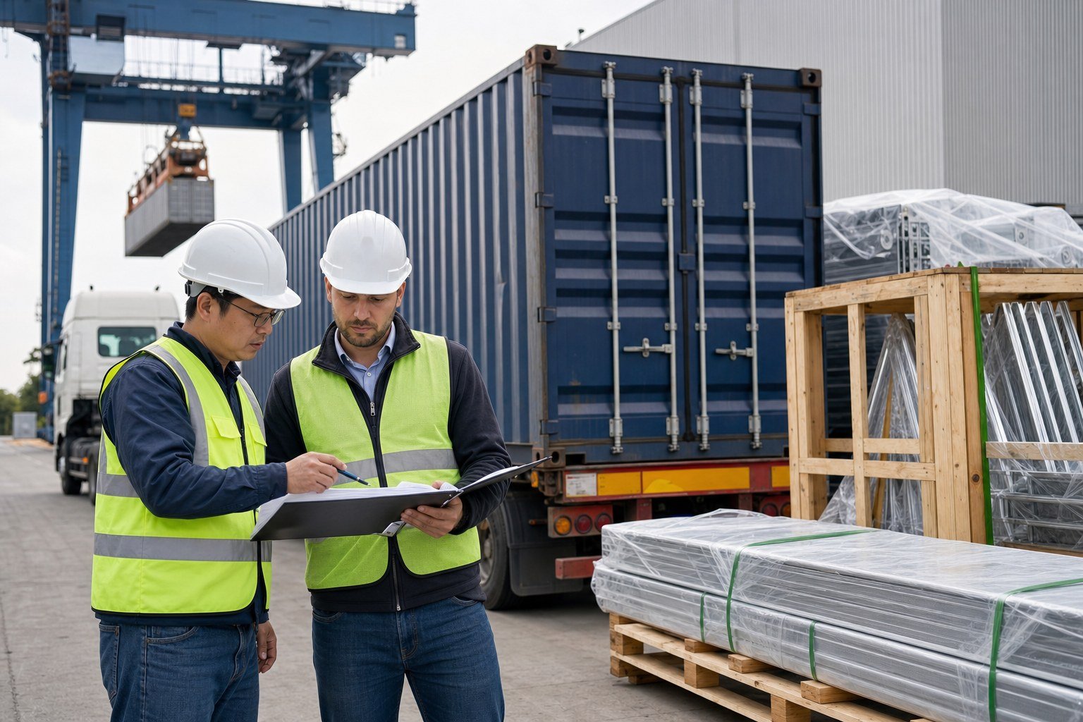 Greenhouse supplier and importer reviewing cargo handoff documents beside a container and protected equipment