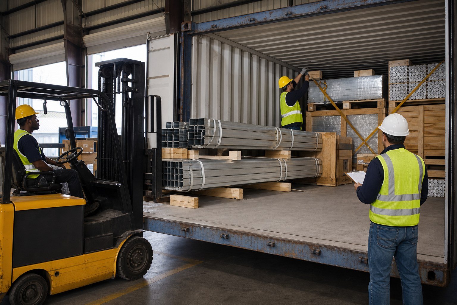 Logistics crew securing bundled greenhouse frames and protected equipment crates inside a shipping container