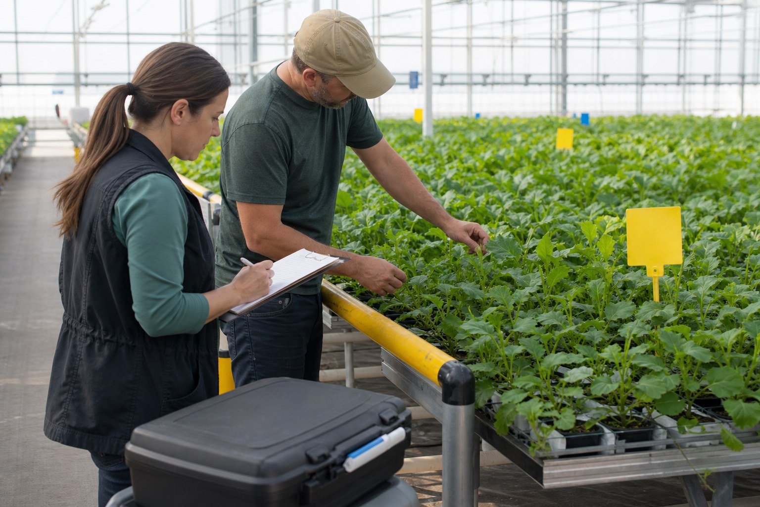 Greenhouse quality and growing team inspecting a clearly separated crop zone after an incident