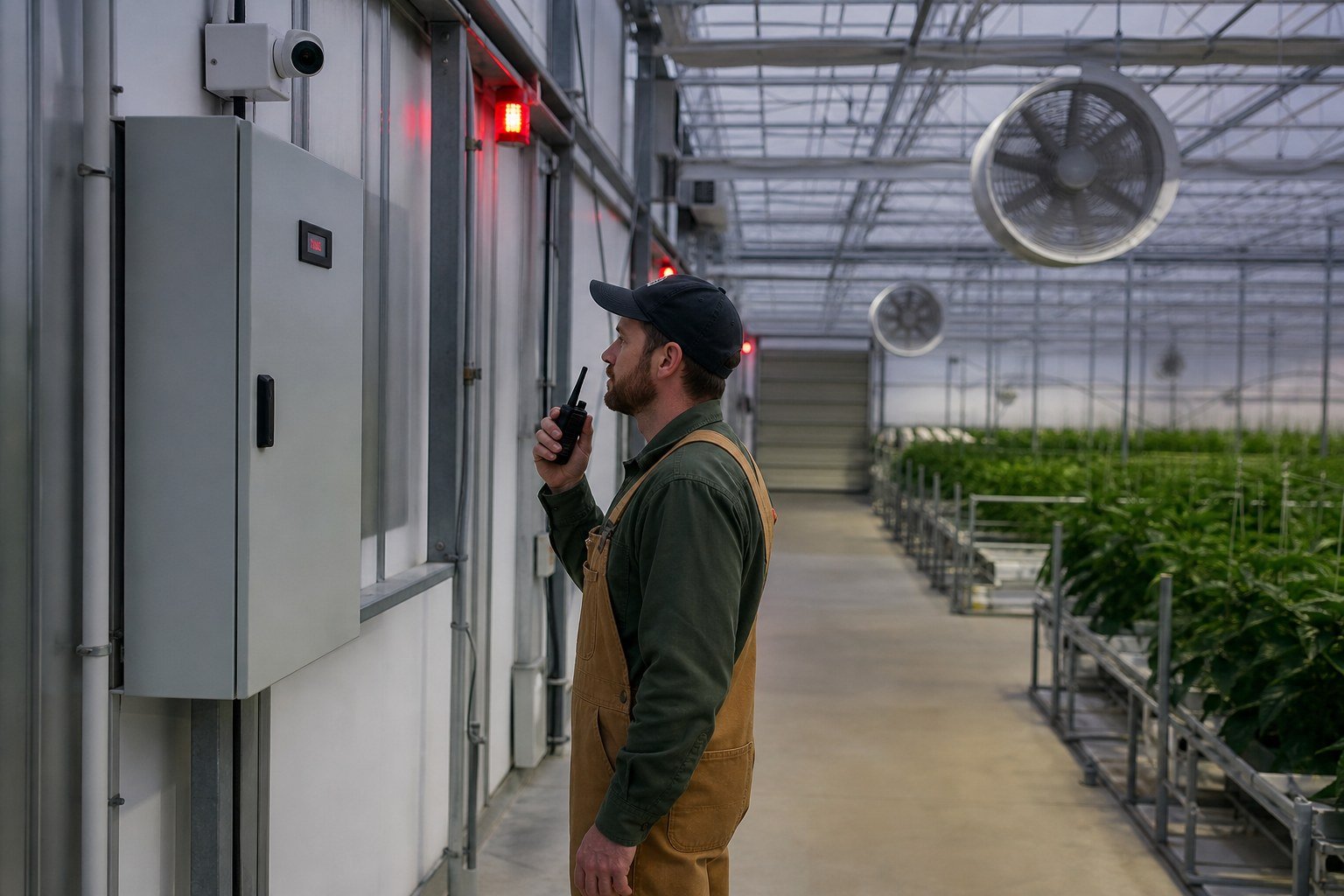 Greenhouse operator checking a safe external power status display during a controlled outage test