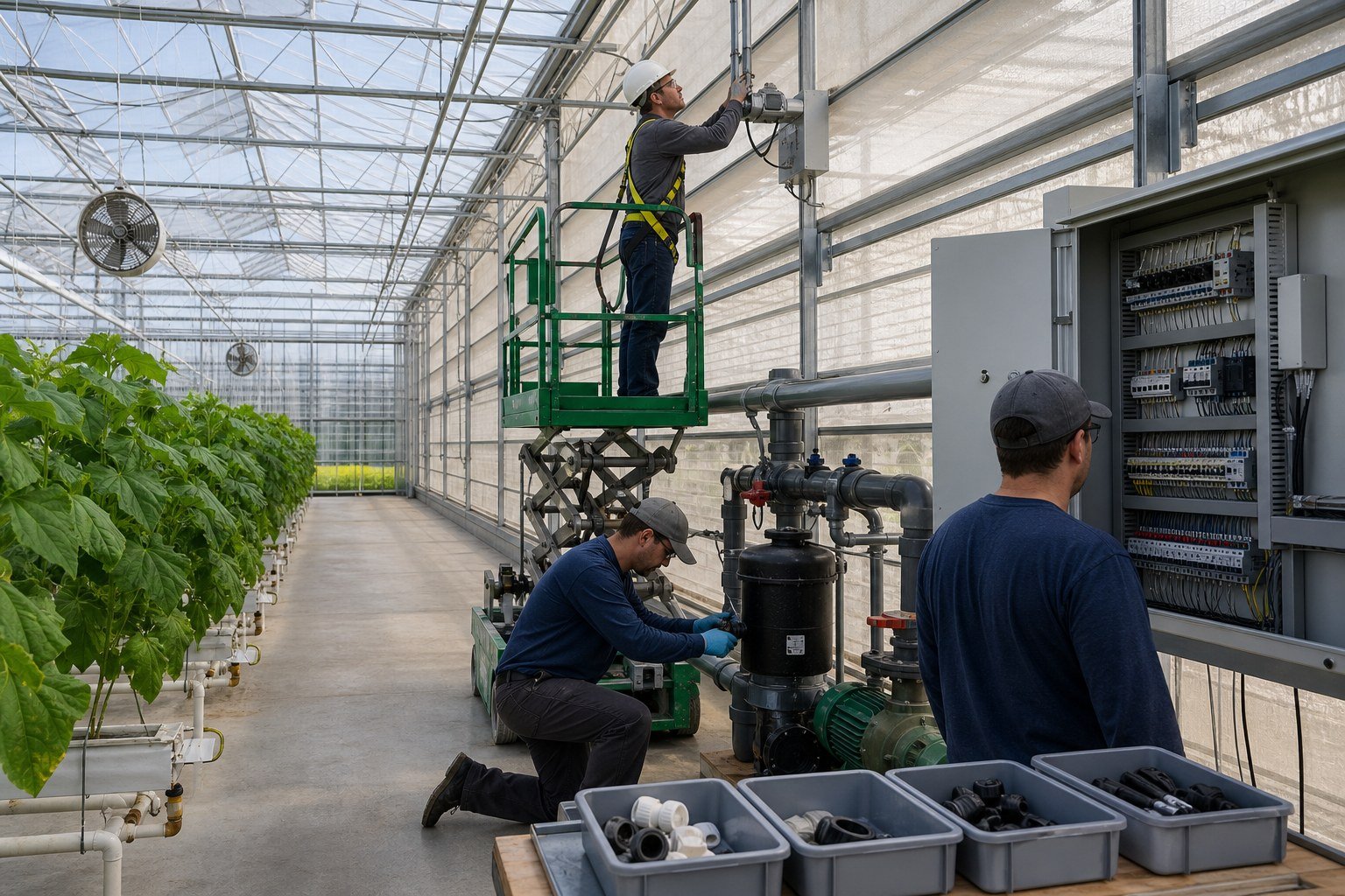 Greenhouse maintenance team inspecting a vent drive, irrigation equipment, and a control panel during planned service