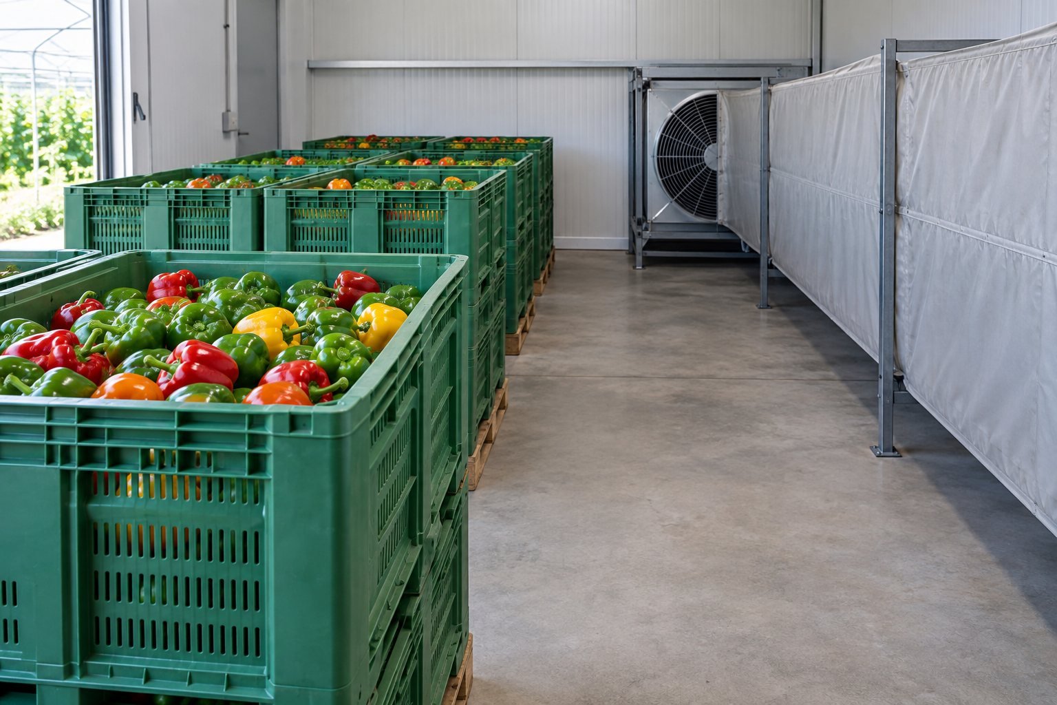 Illustration of vented produce crates near a cooling area after greenhouse harvest