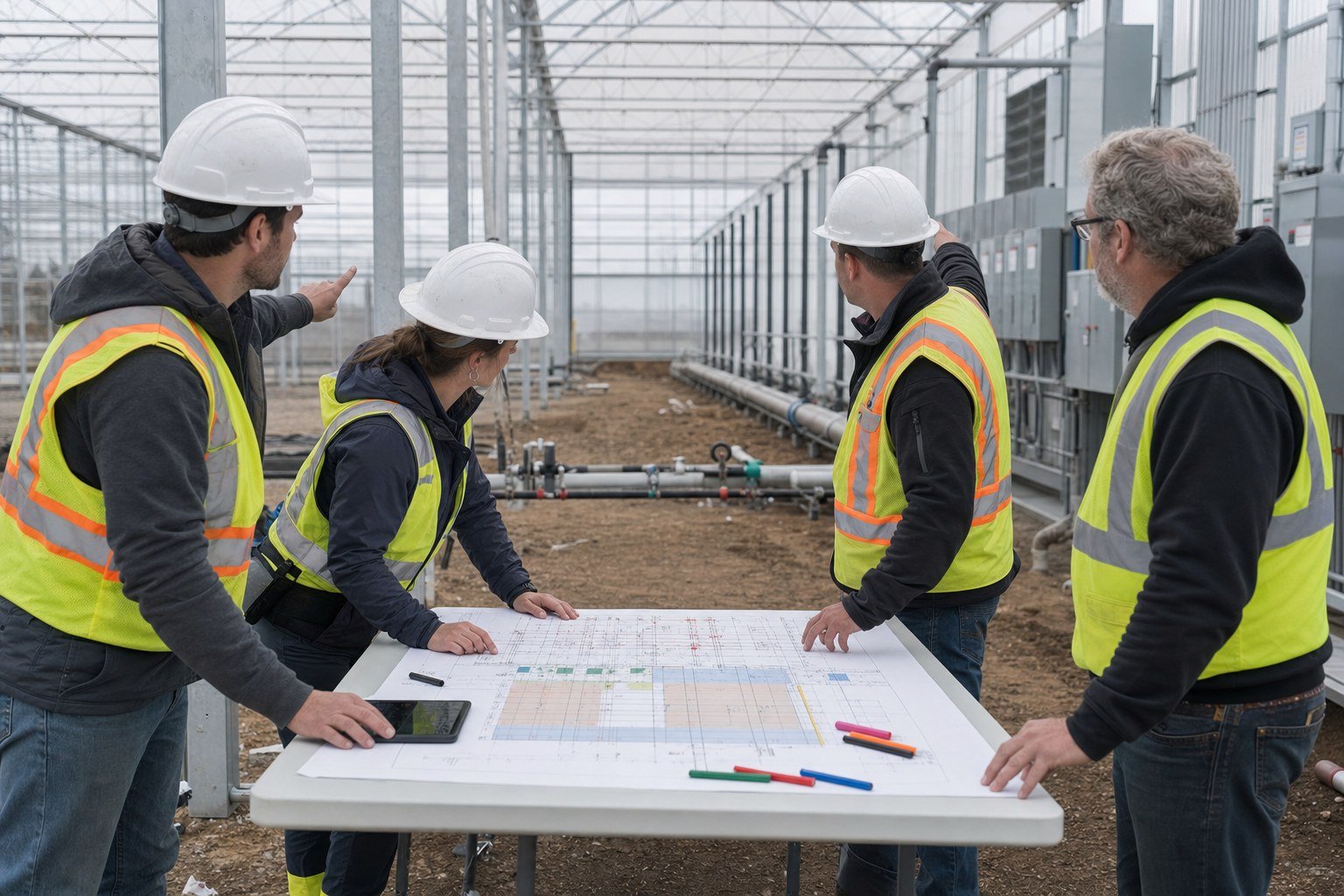 Greenhouse project team reviewing a responsibility matrix beside structural, irrigation, and electrical interfaces