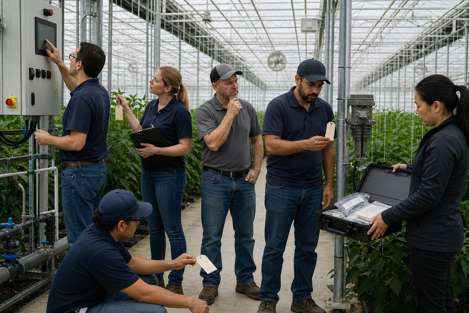 Owner, supplier, contractor, and operations team completing a final greenhouse system walkdown and spare-parts handover