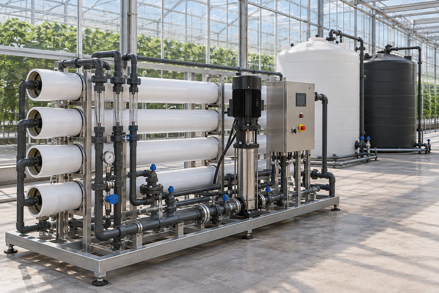 Illustration of a membrane water-treatment skid and storage tanks beside a greenhouse