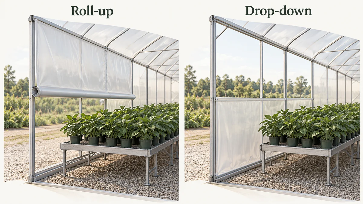 Conceptual bottom-opening and top-opening sidewalls shown beside the same low crop bench