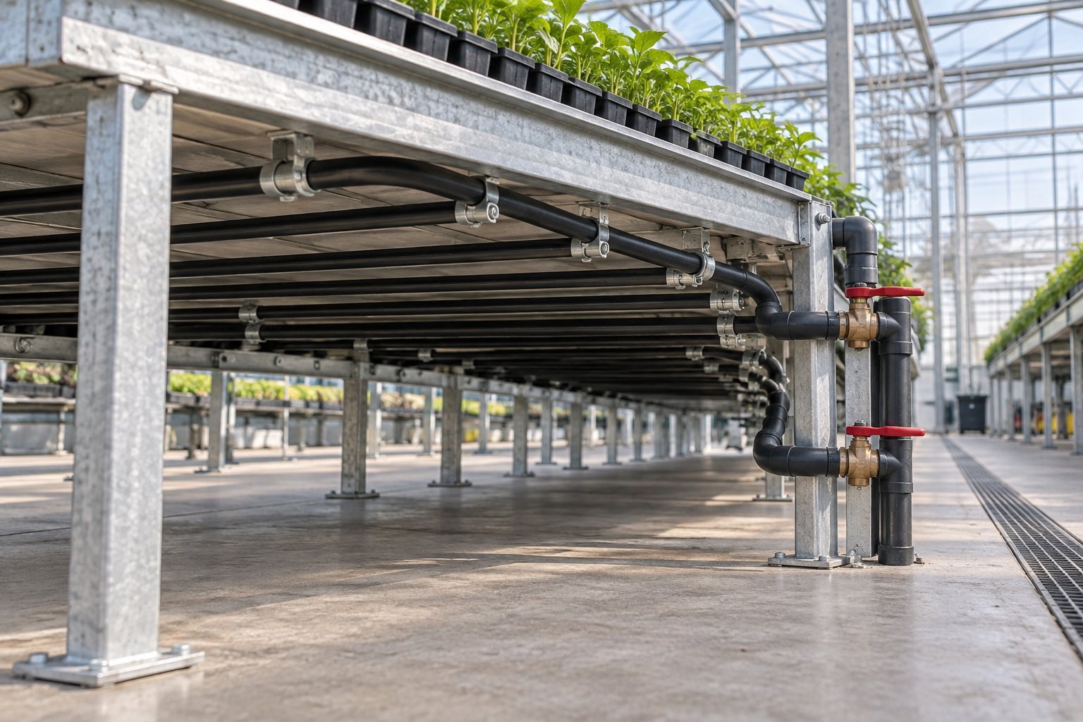 Illustration of heating pipes and service valves beneath a greenhouse propagation bench