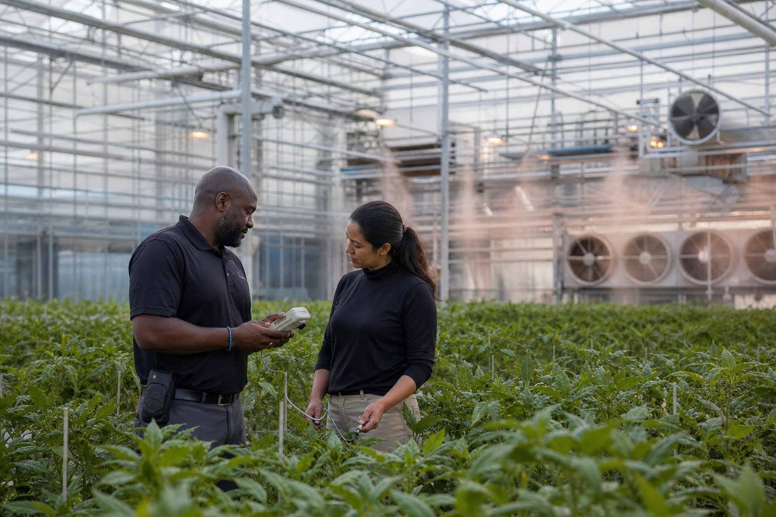 Greenhouse operations team comparing crop-level measurements during seasonal system verification