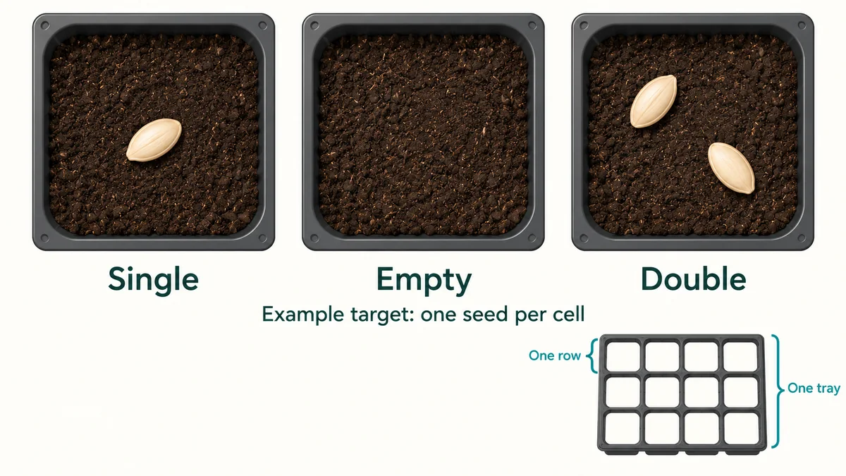 Conceptual tray cells showing single, empty and double seed placements
