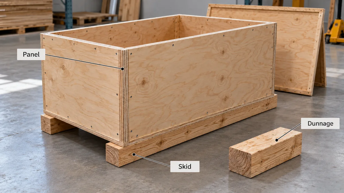 Conceptual shipping crate with separate plywood panel, solid-wood skid and loose dunnage