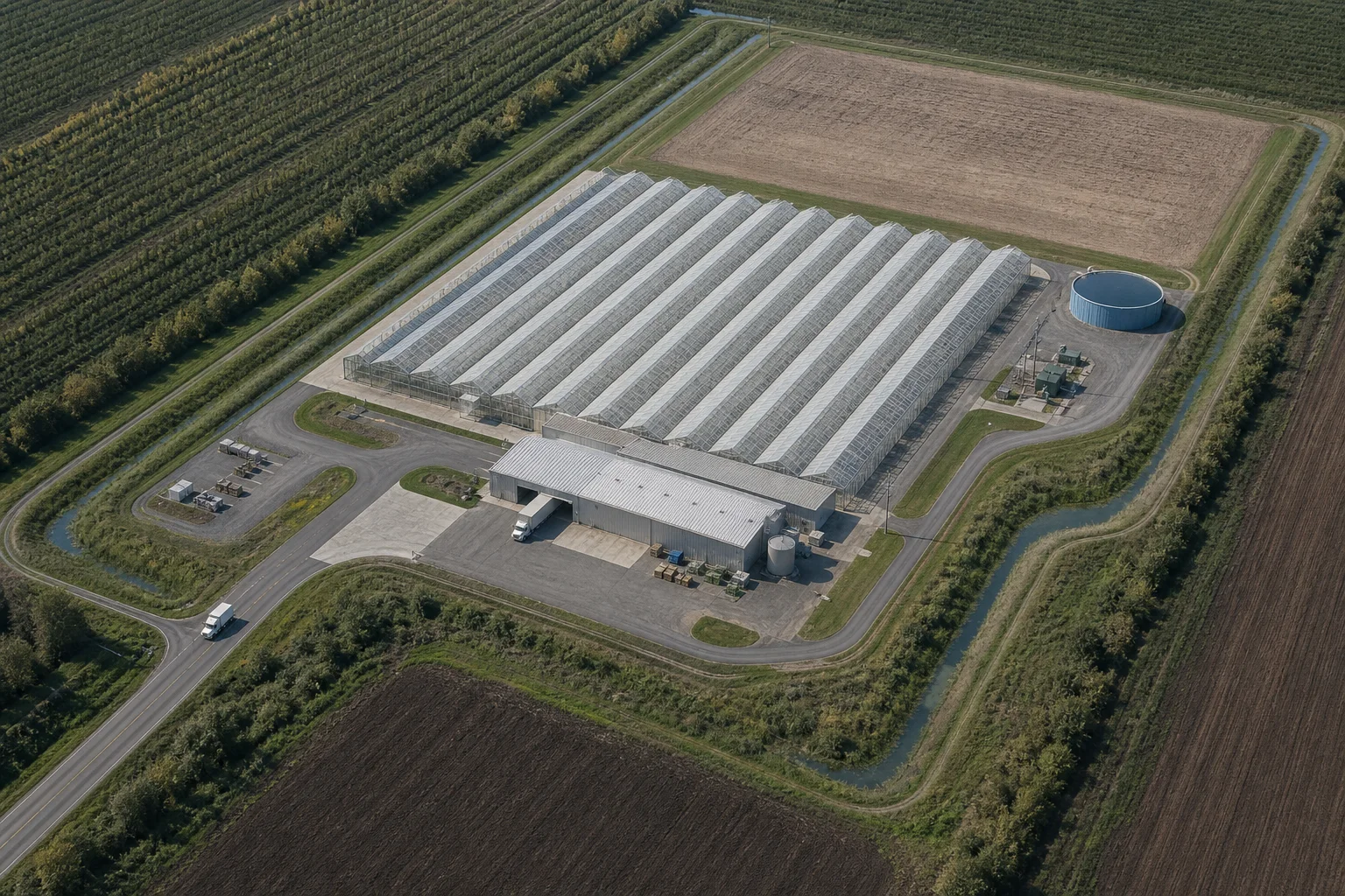 Oblique site view of a commercial greenhouse with truck access, water storage, drainage channels, and expansion land