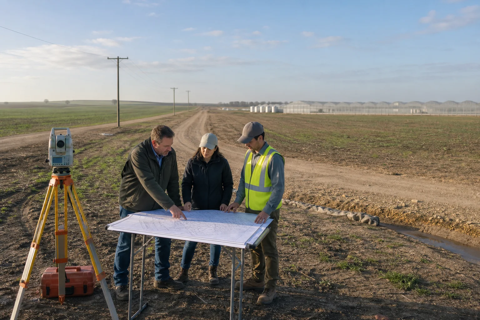 Project owner, land surveyor, and agricultural engineer reviewing a commercial greenhouse site survey