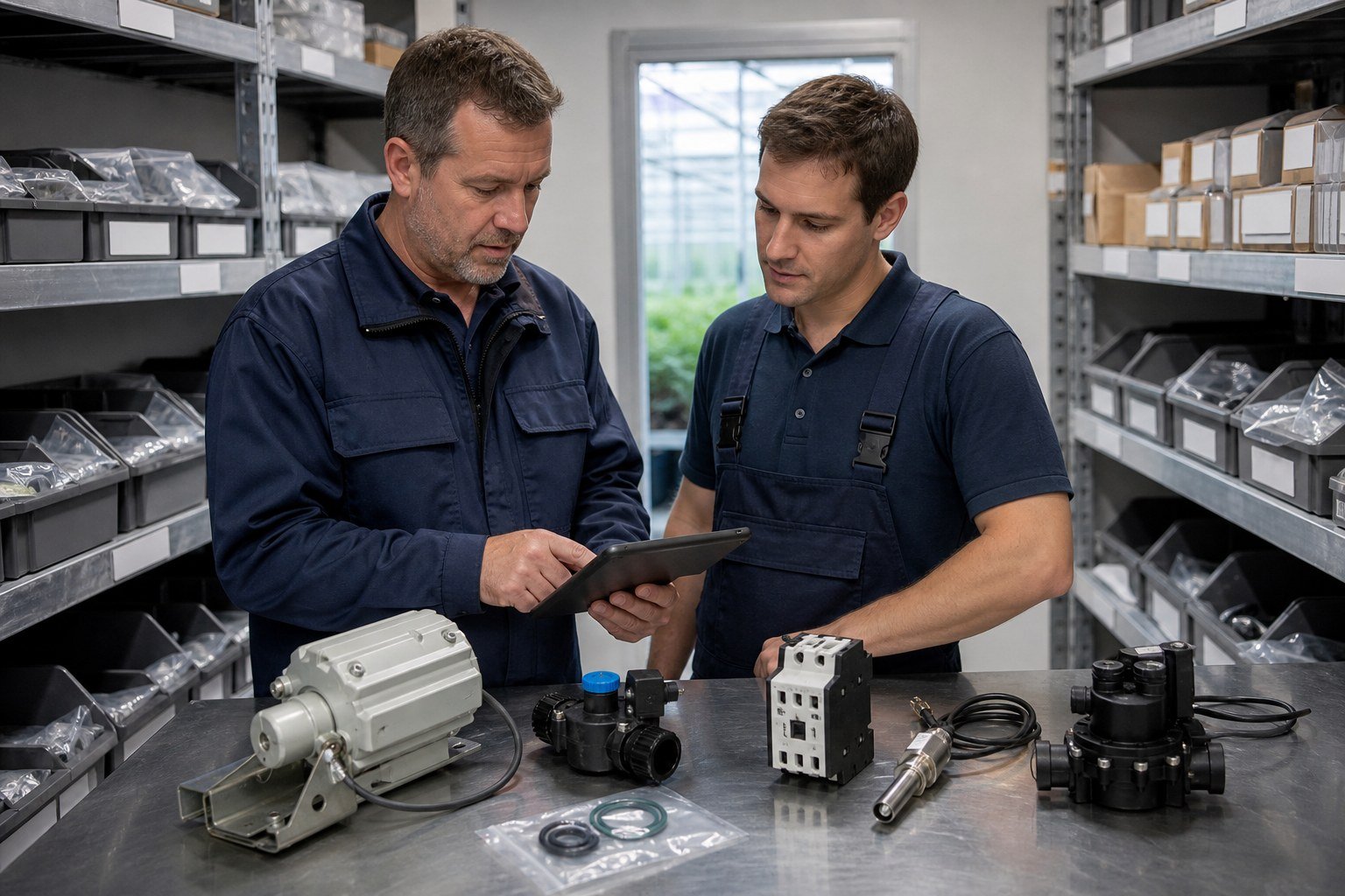 Greenhouse maintenance team reviewing motors, valves, sensors and electrical spares