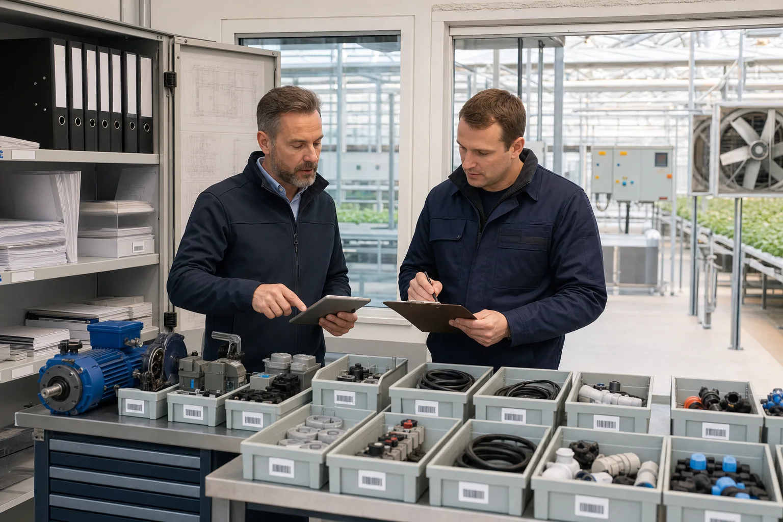 Greenhouse project and maintenance managers inventorying organized spare parts, manuals, and equipment records