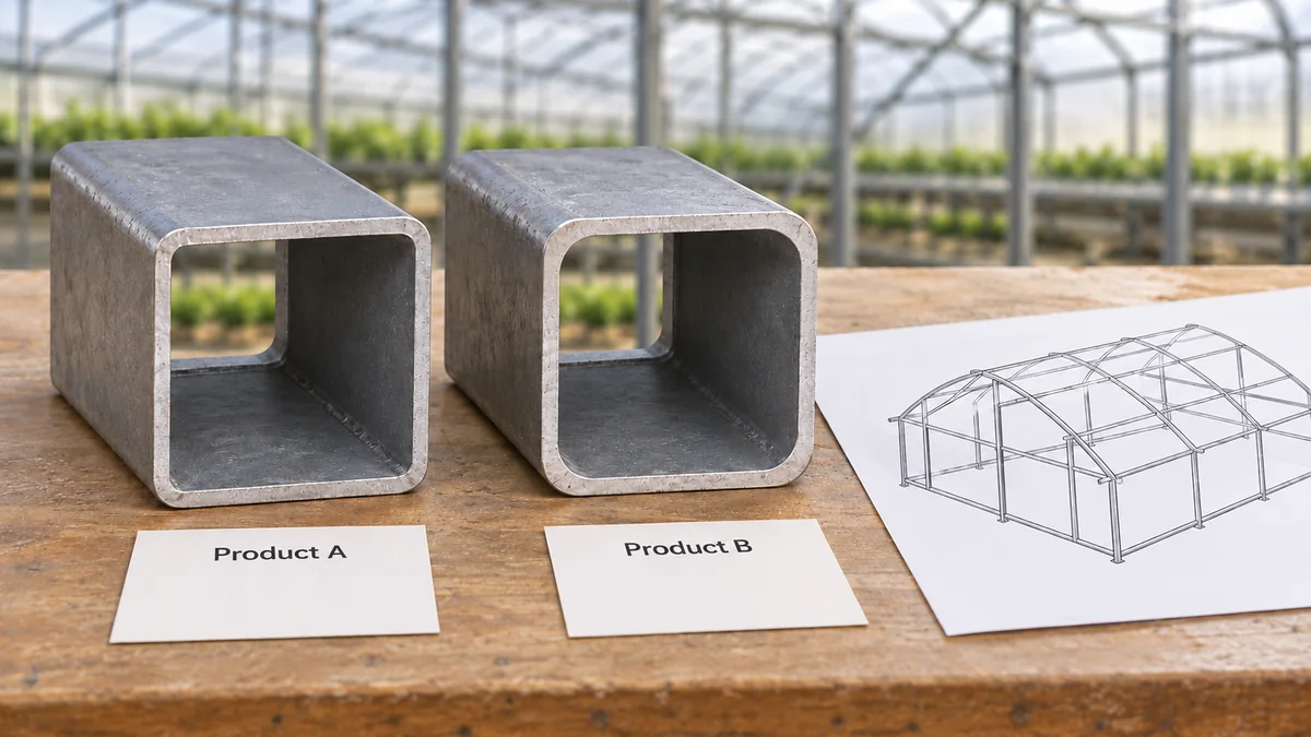 Conceptual hollow-section samples beside separate product specifications and a member drawing