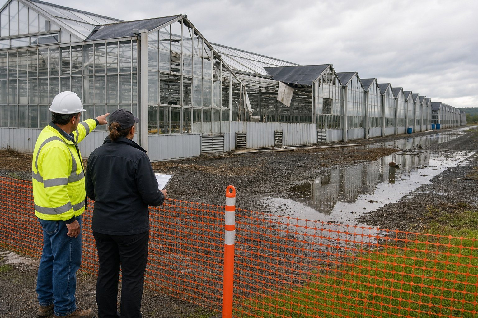 Engineer and greenhouse manager inspecting storm damage from a safe exterior location