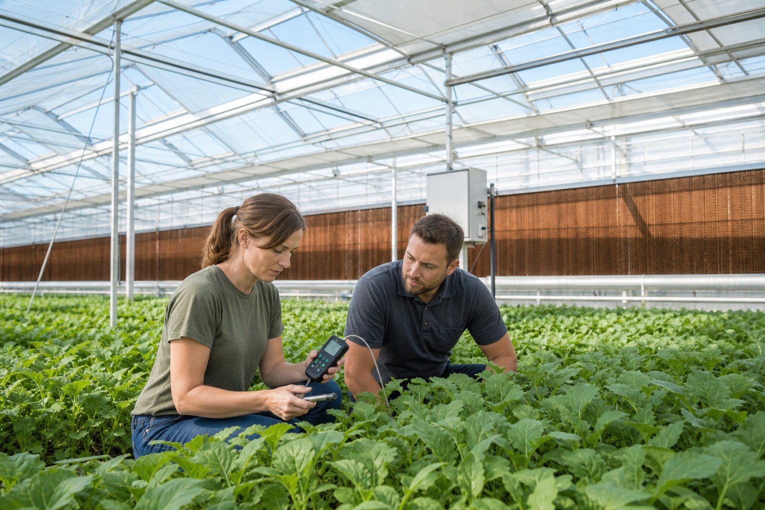 Greenhouse team testing roof vents, circulation and evaporative cooling before summer