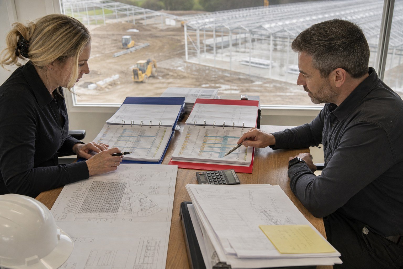 Greenhouse procurement specialists comparing two supplier proposal binders at a project office