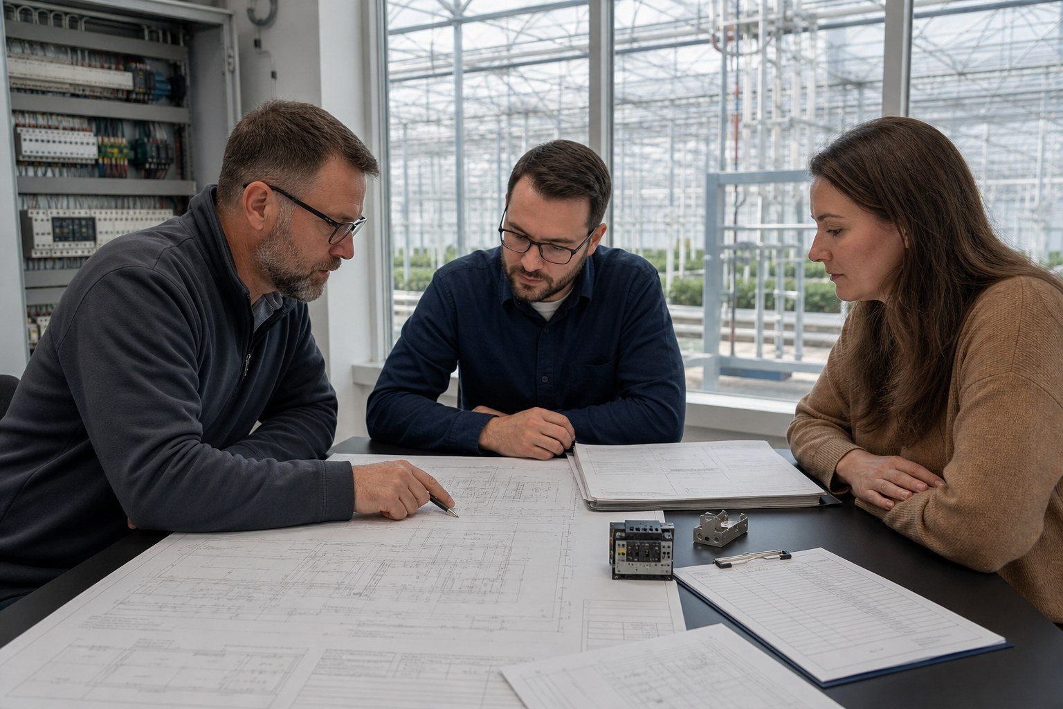 Greenhouse engineers and buyer representative reviewing drawings, component data, and hardware samples