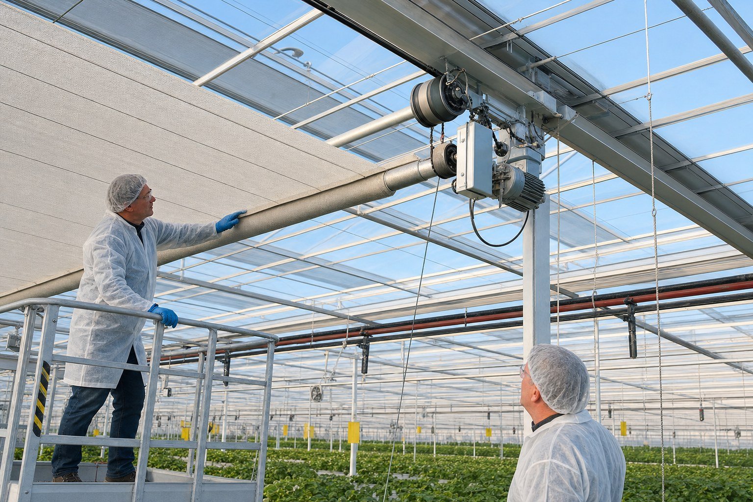 Technicians inspecting retractable thermal and shade screen fabric, support wires, and drive equipment in a commercial greenhouse