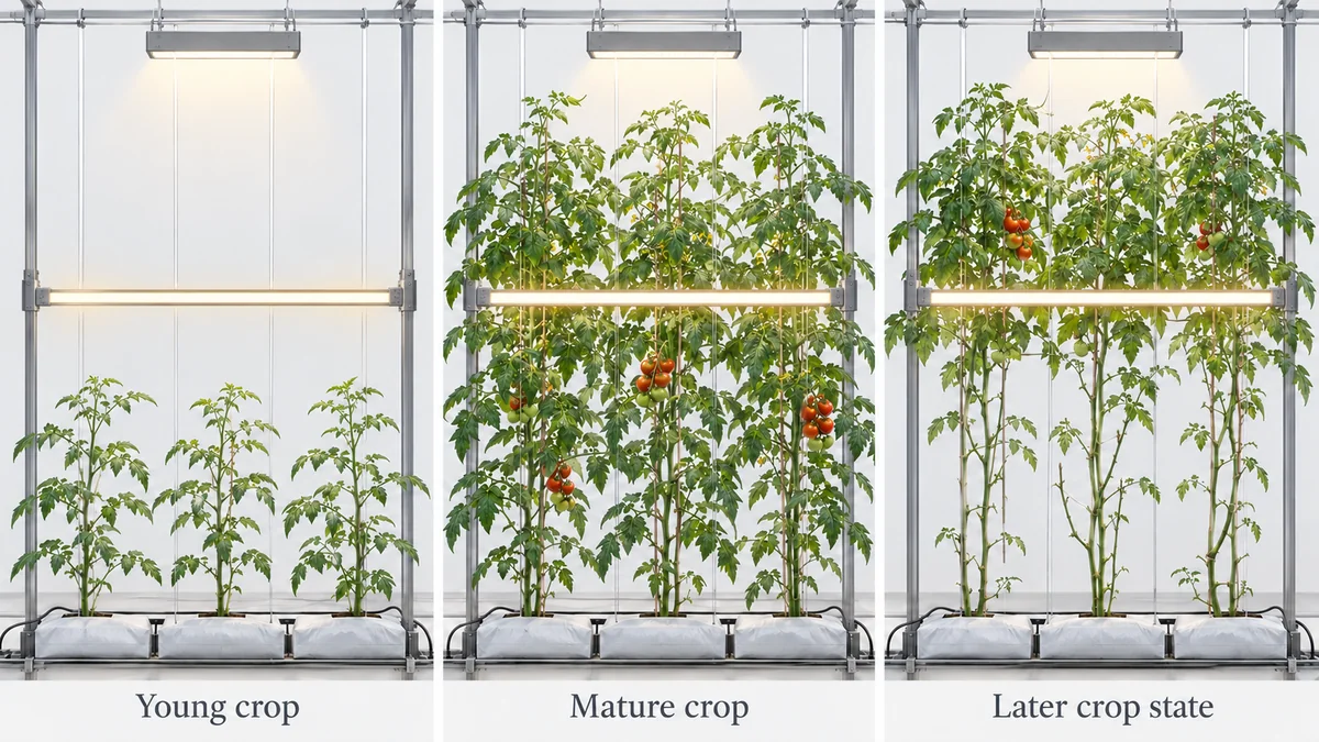 Conceptual high-wire crop states showing overhead and within-canopy light positions