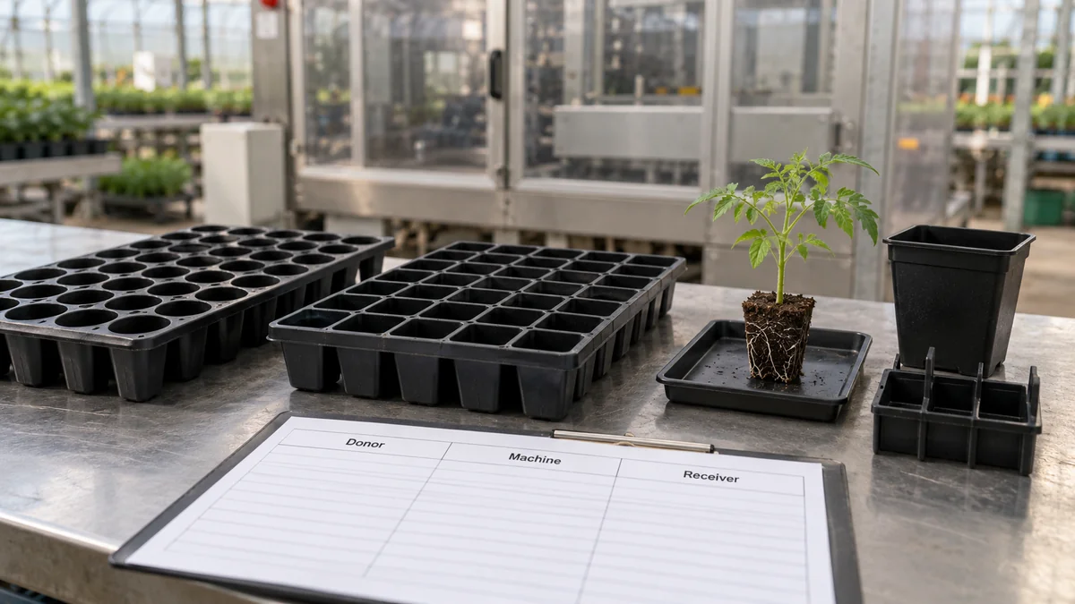 Conceptual donor trays, rooted plug and receiving containers for compatibility review