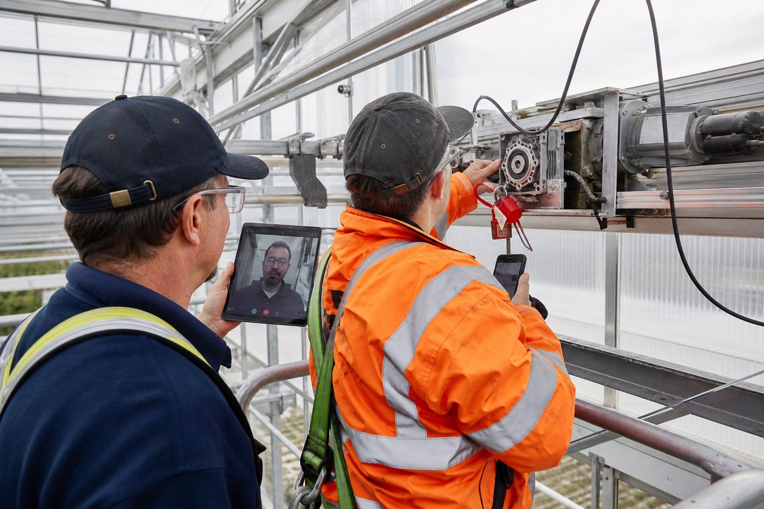 Greenhouse maintenance team documenting a vent gearbox defect during a remote supplier service call