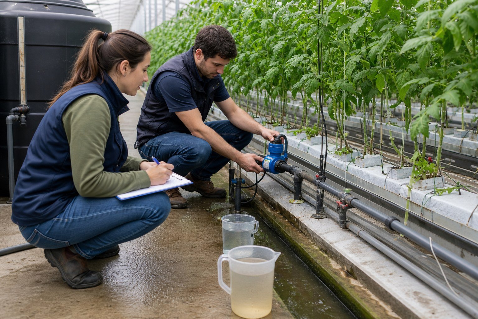 Technicians measuring irrigation flow and collecting greenhouse drainage samples