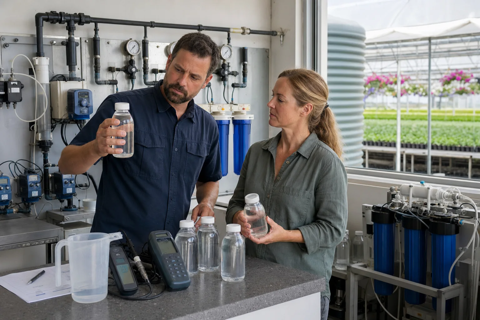 Greenhouse irrigation specialist reviewing water samples, meters, filters, and dosing equipment