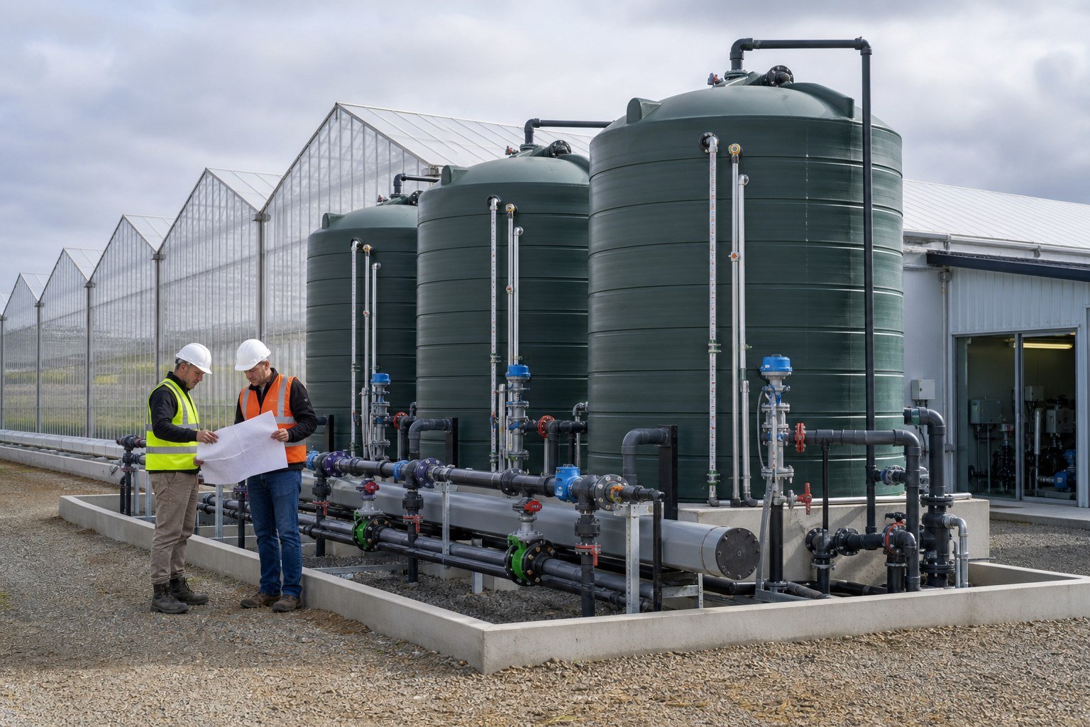Irrigation engineers reviewing greenhouse water storage tanks, level instruments, pumps, and pipe manifolds