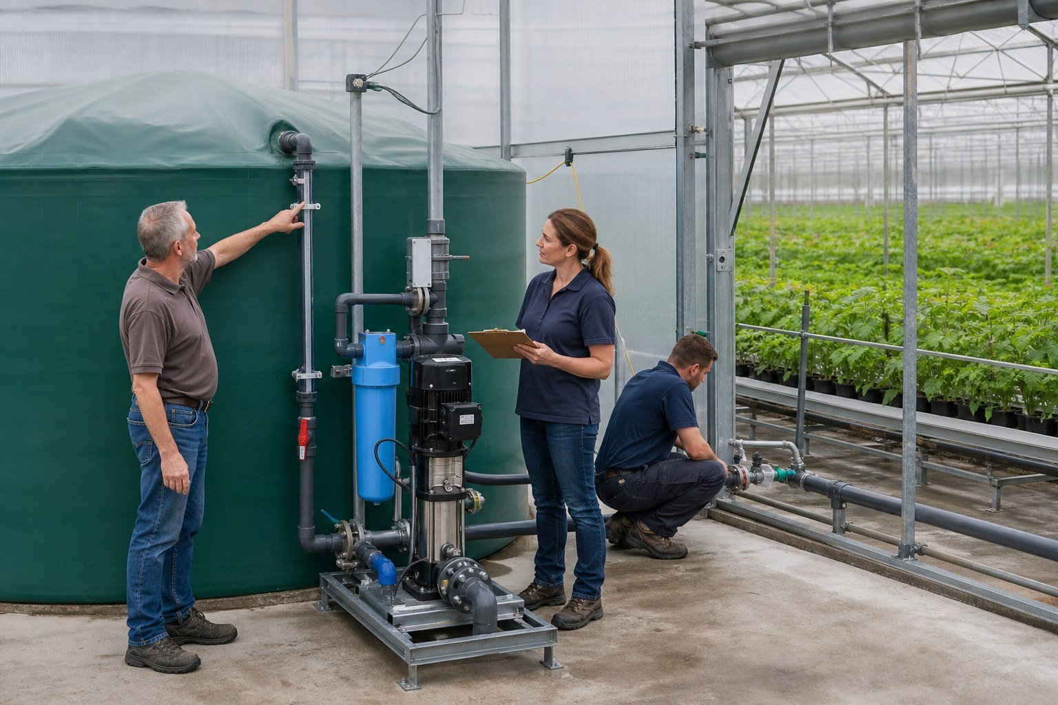 Greenhouse irrigation team checking covered backup water storage and zone priorities
