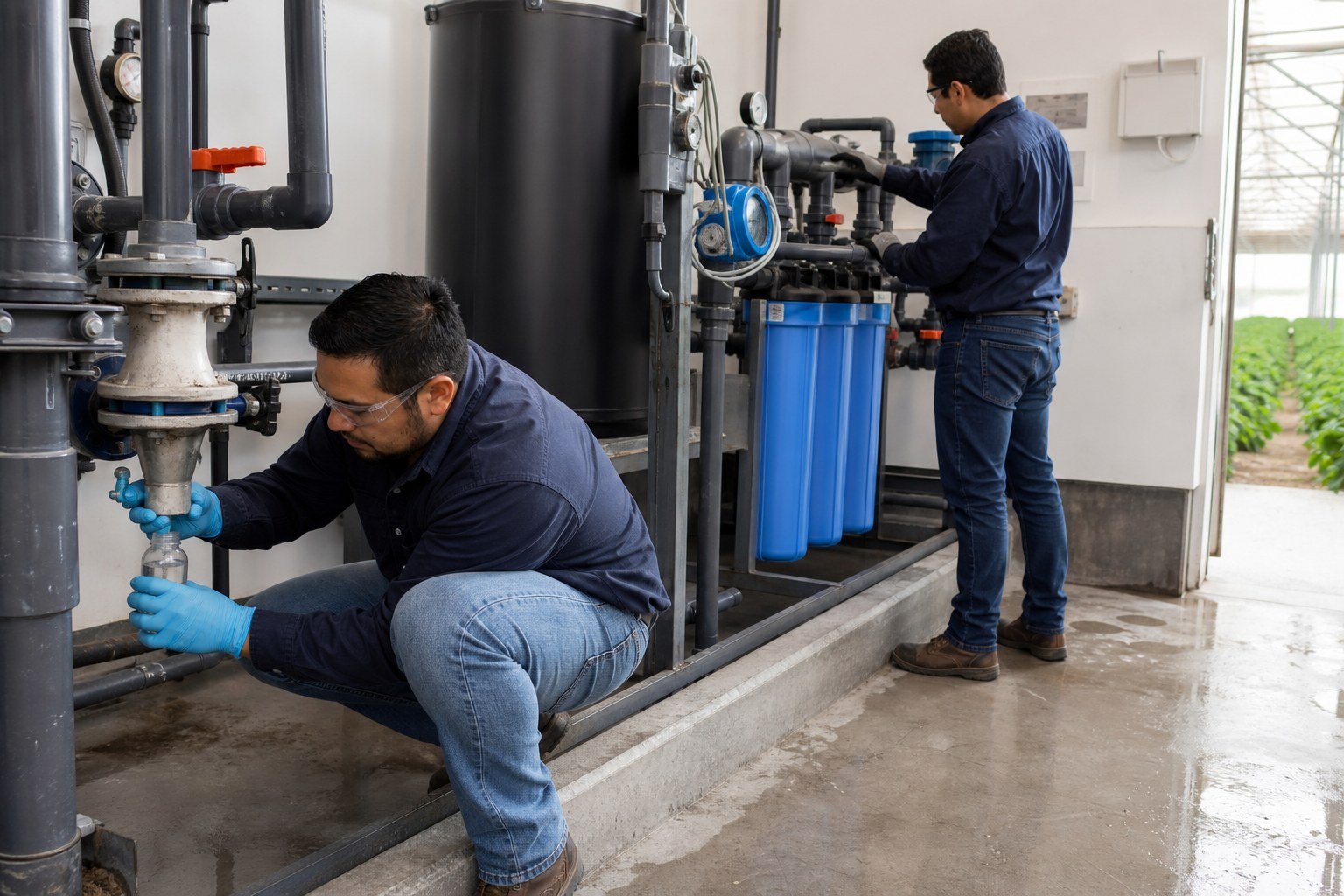 Water-treatment technicians taking a sample and checking filters during greenhouse irrigation startup