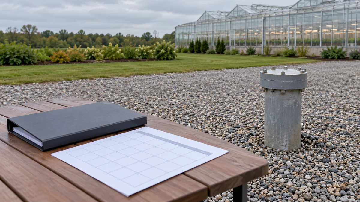 Closed wellhead beside blank water-source report and seasonal calendar