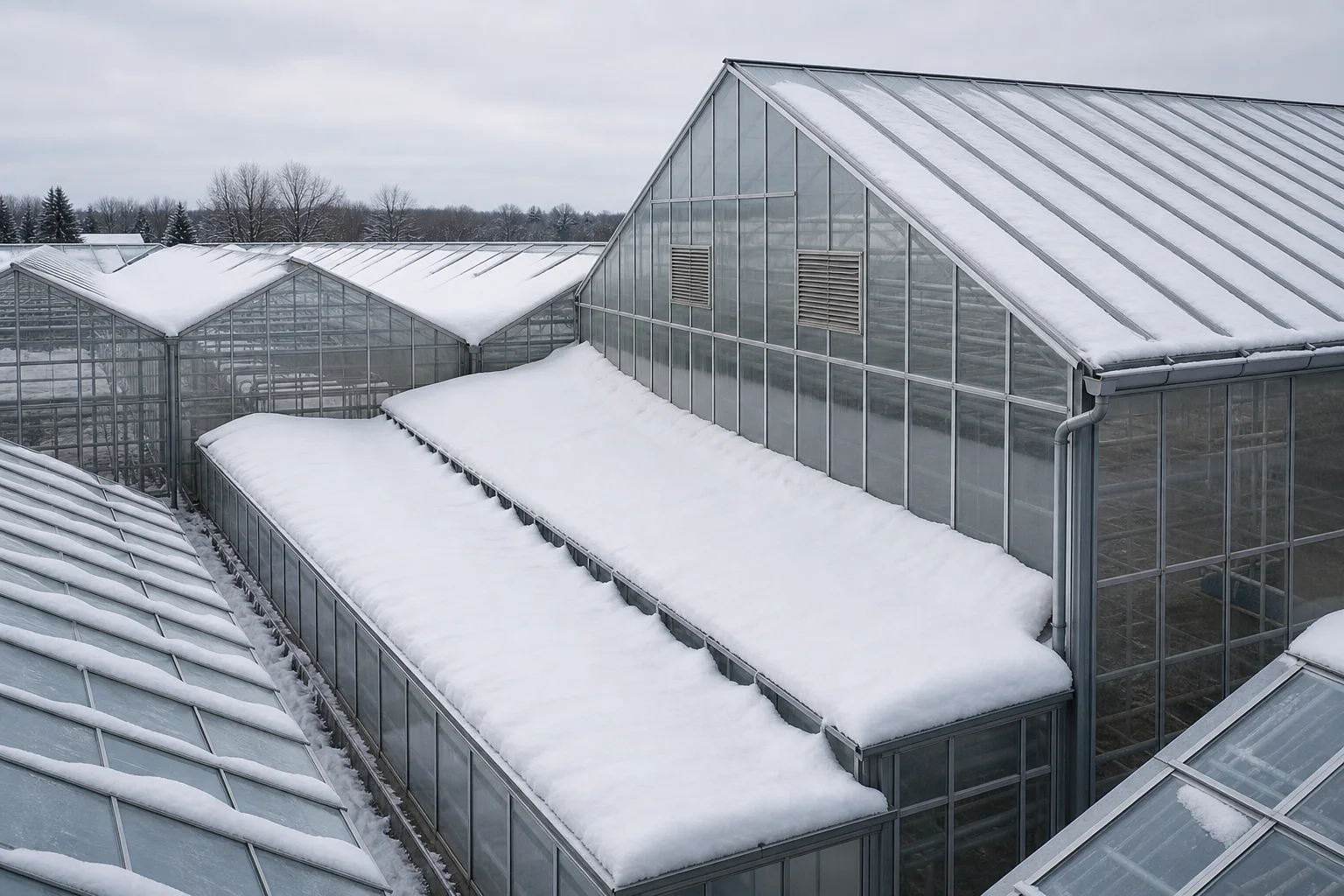 Commercial greenhouse roofs with different heights and uneven winter snow accumulation