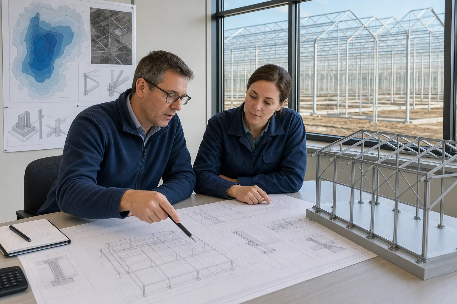 Structural engineer and greenhouse project manager reviewing frame geometry, connections, and anchorage
