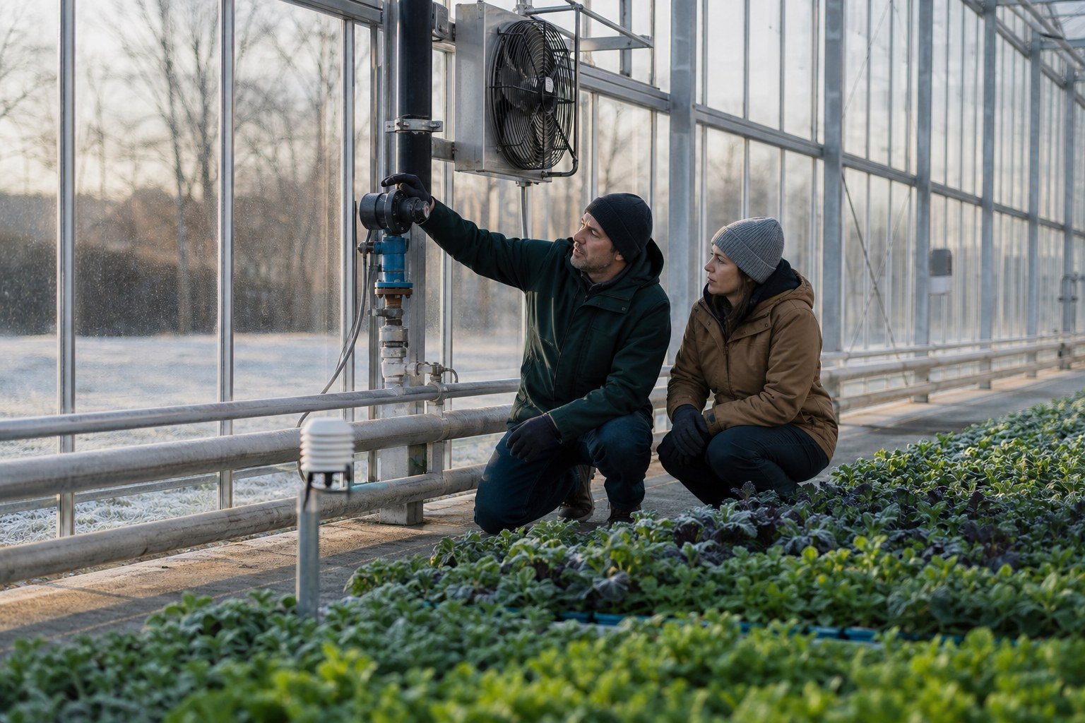Greenhouse maintenance and growing team checking heating and envelope readiness before winter