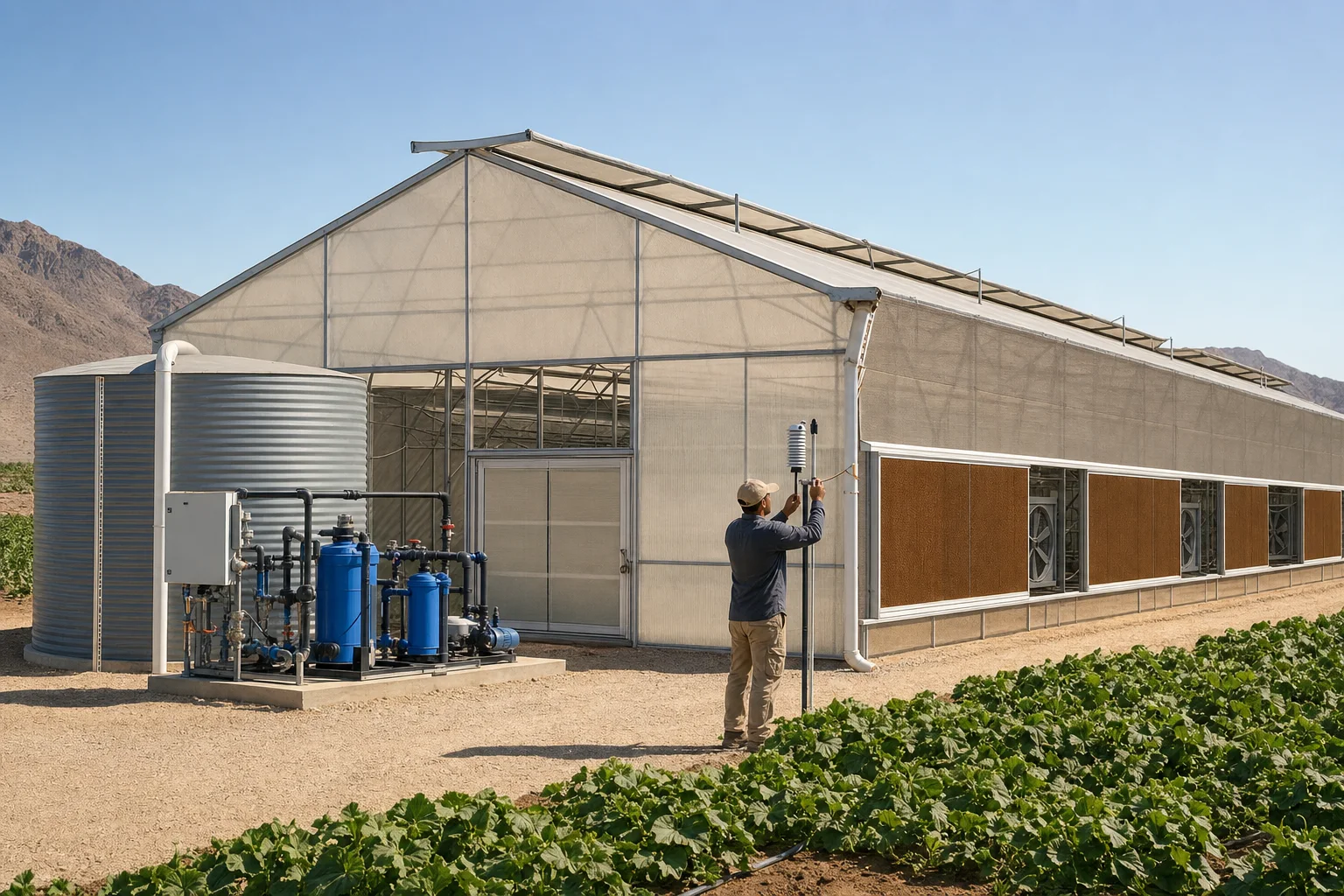 Commercial greenhouse in an arid climate with external shade, evaporative cooling pads, water treatment, storage, and weather sensor