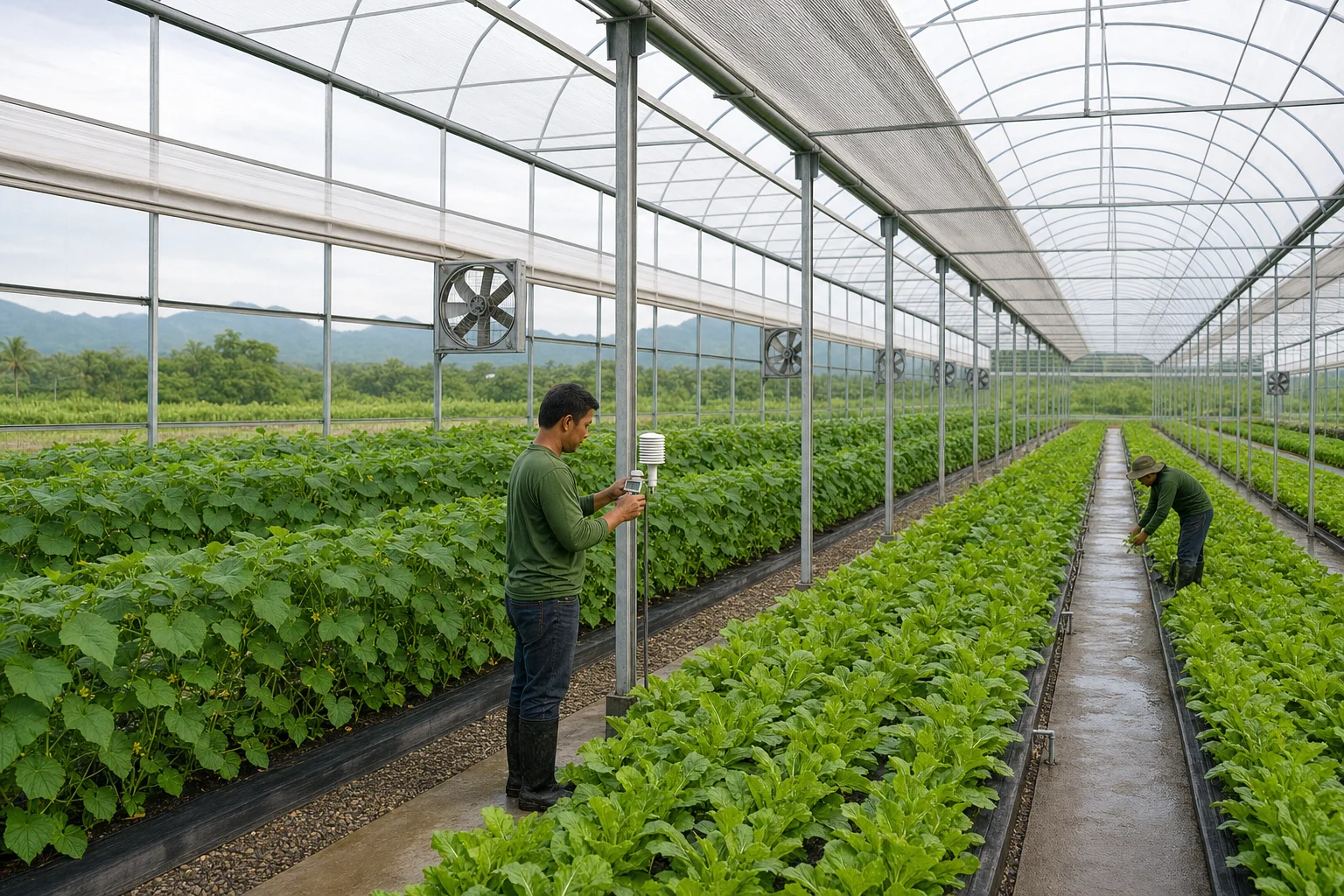 Commercial greenhouse in a humid tropical climate with large vents, shade screen, airflow fans, and crop-zone sensors