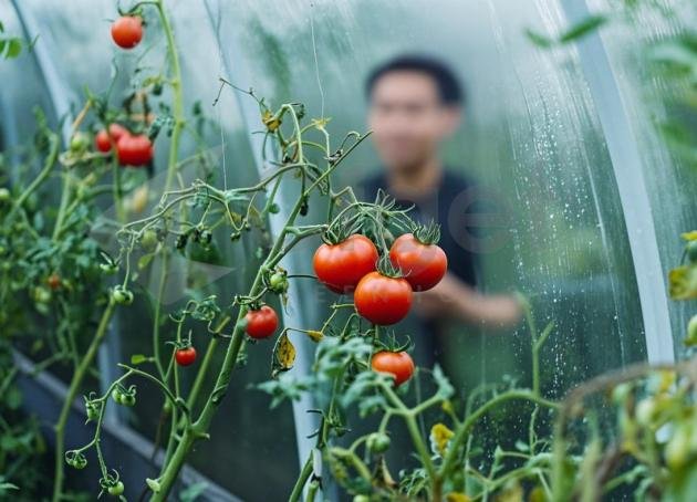 Tomato crop and grower inside a protected cultivation greenhouse