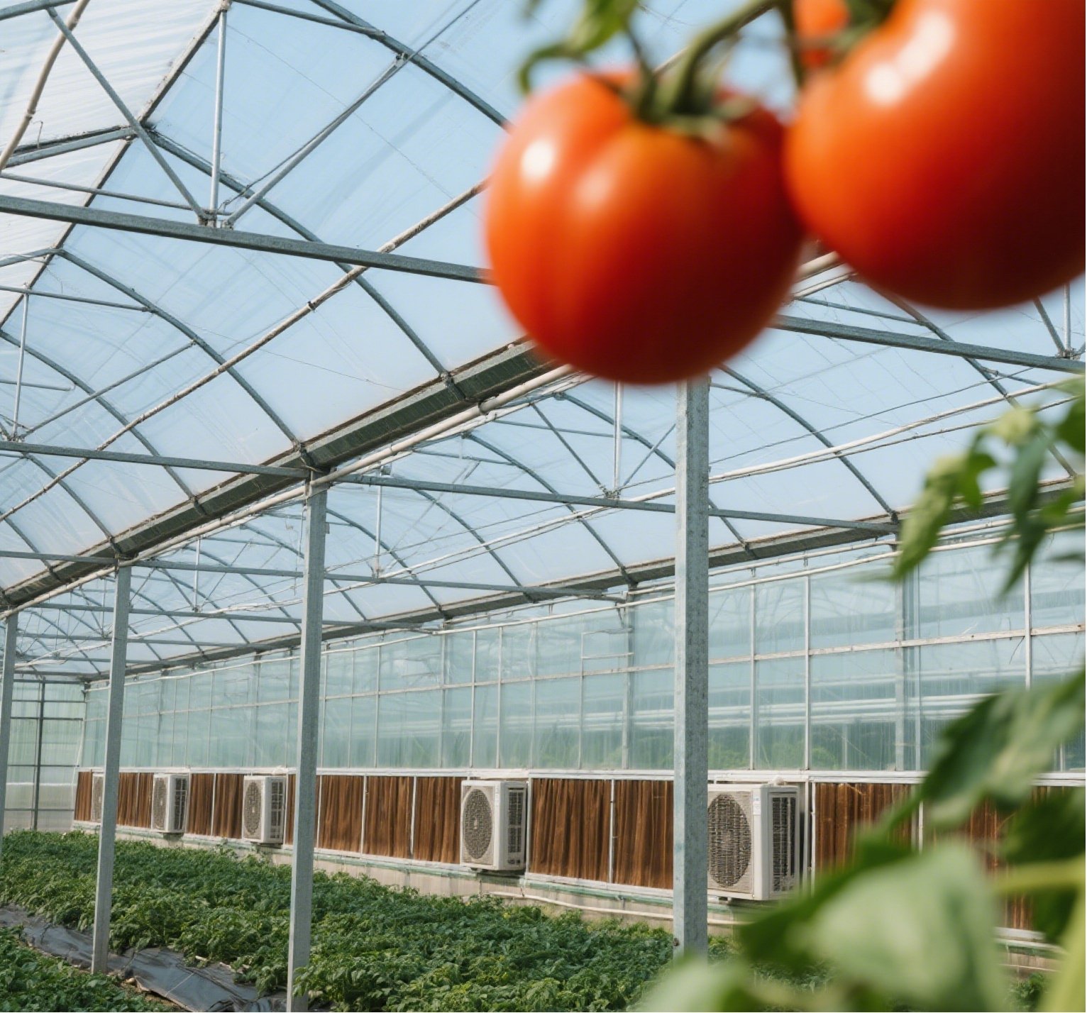 Commercial tomato crop growing inside a greenhouse