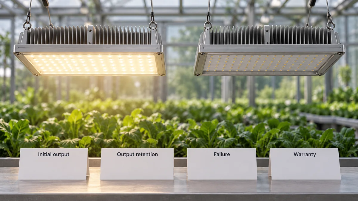 Conceptual grow-light examples beside separate output, failure and warranty evidence