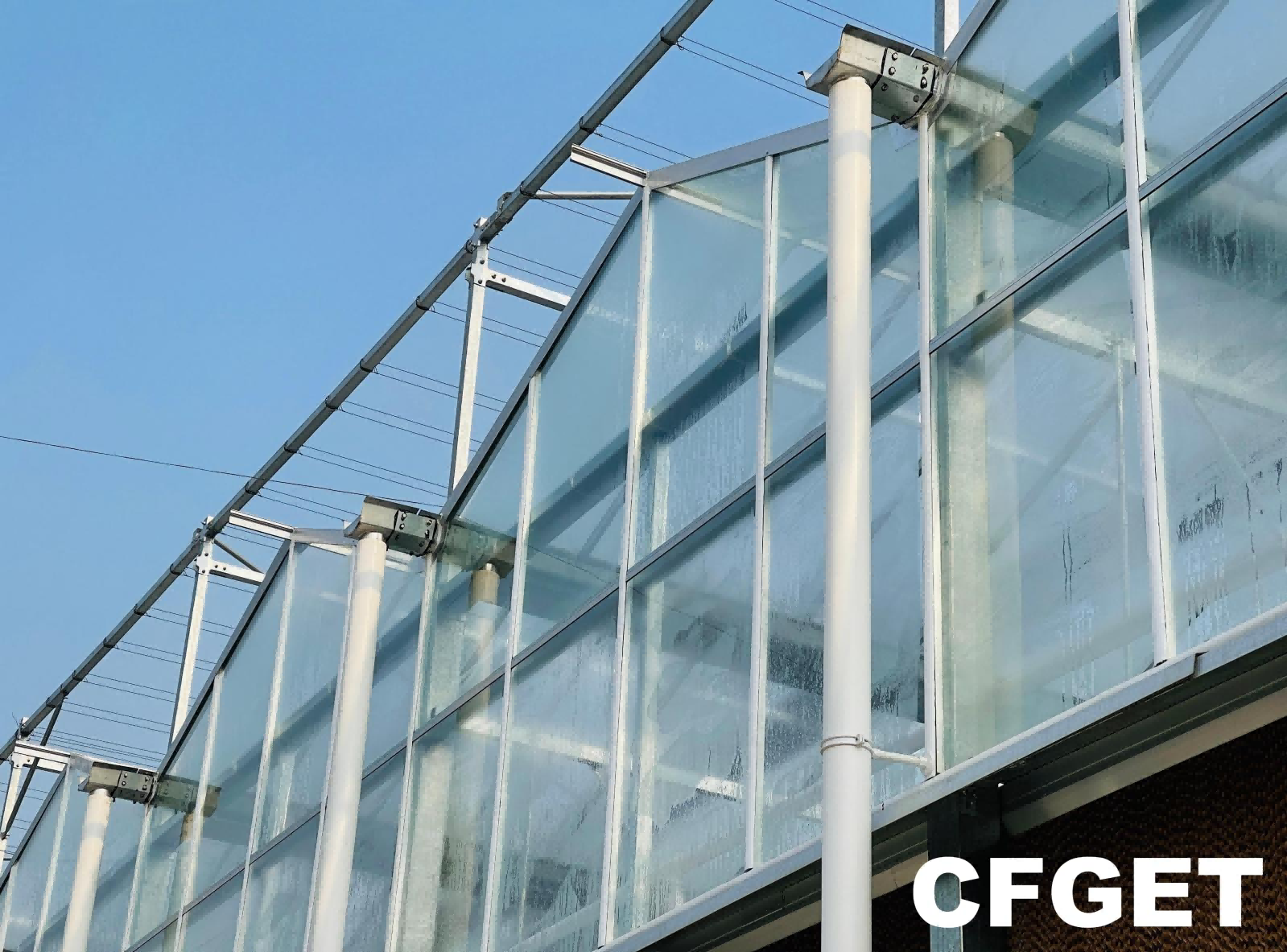 Inspected CFGET glass greenhouse exterior showing glazing, vents, gutters and evaporative cooling pads