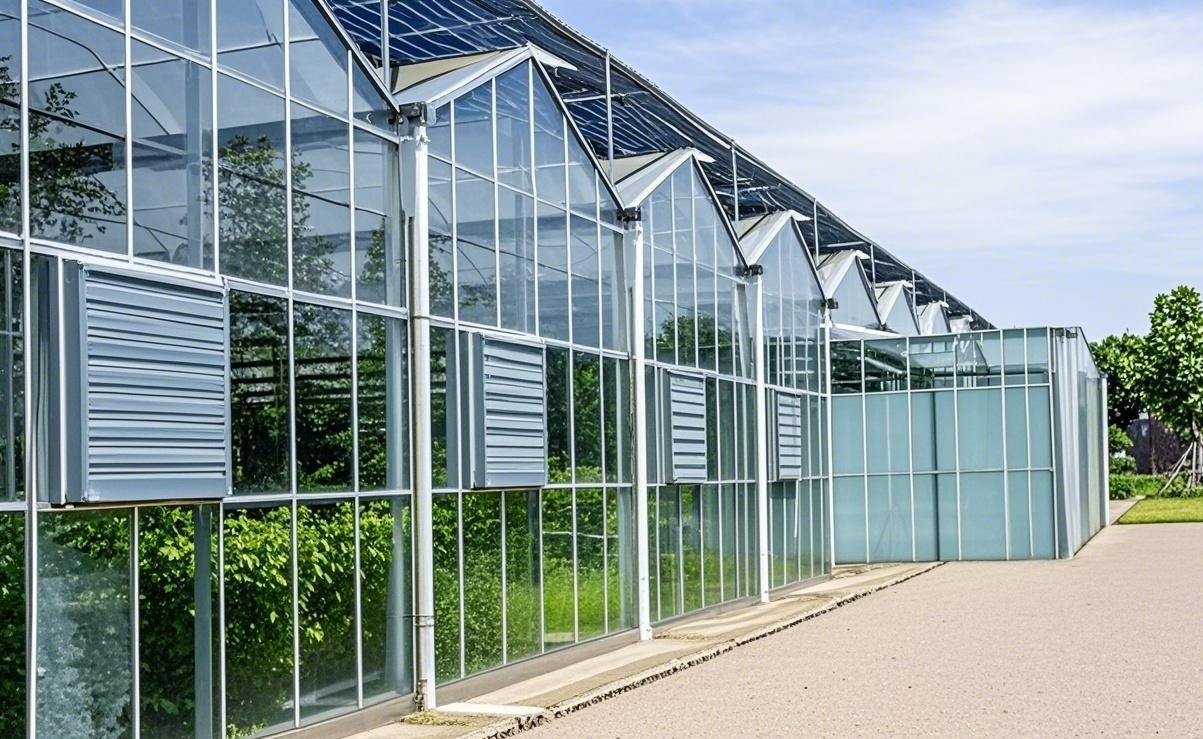 Repeated greenhouse roof bays with high-level ventilation openings