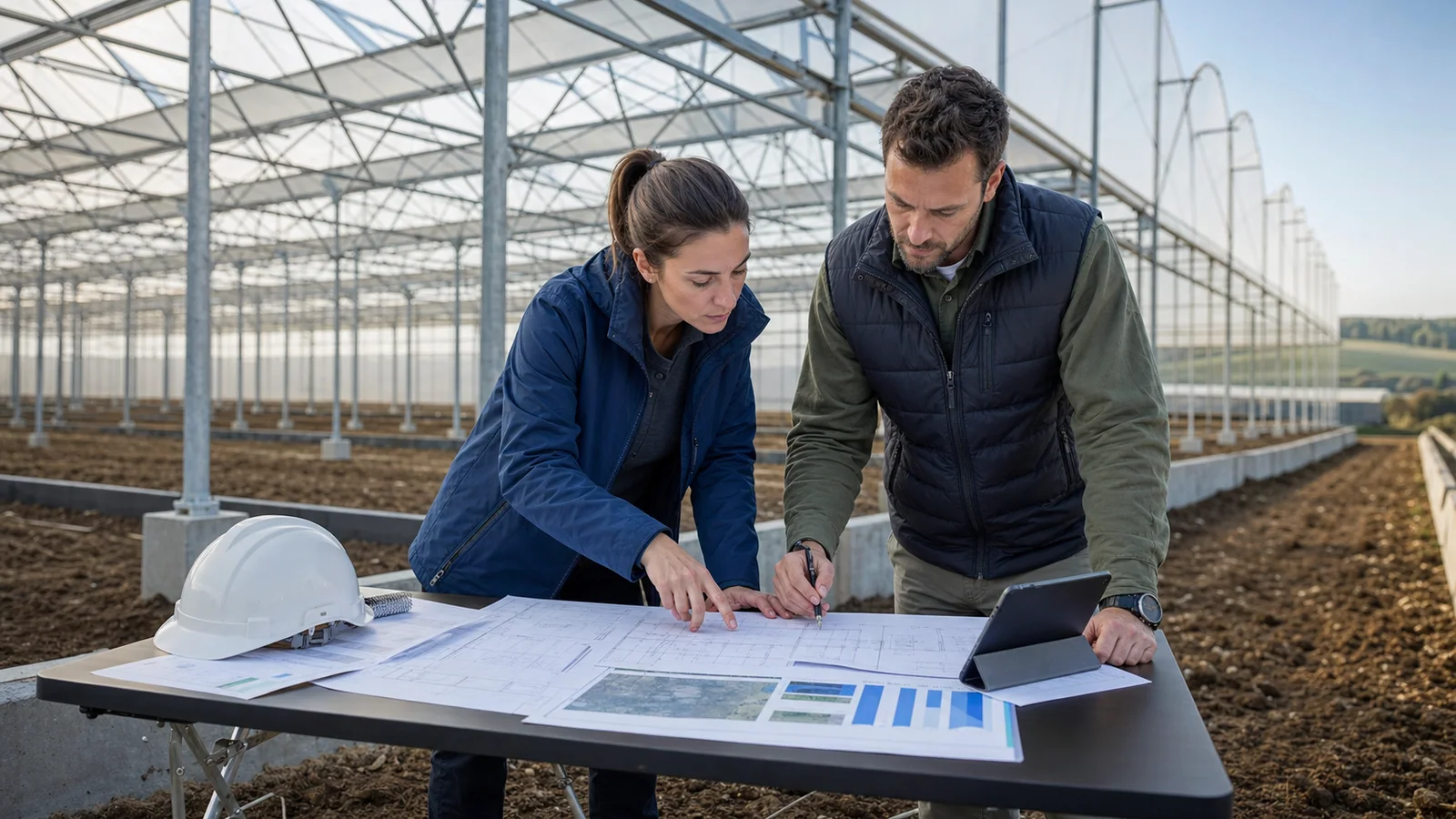 Greenhouse project owner and agricultural engineer reviewing plans before requesting a commercial greenhouse quotation
