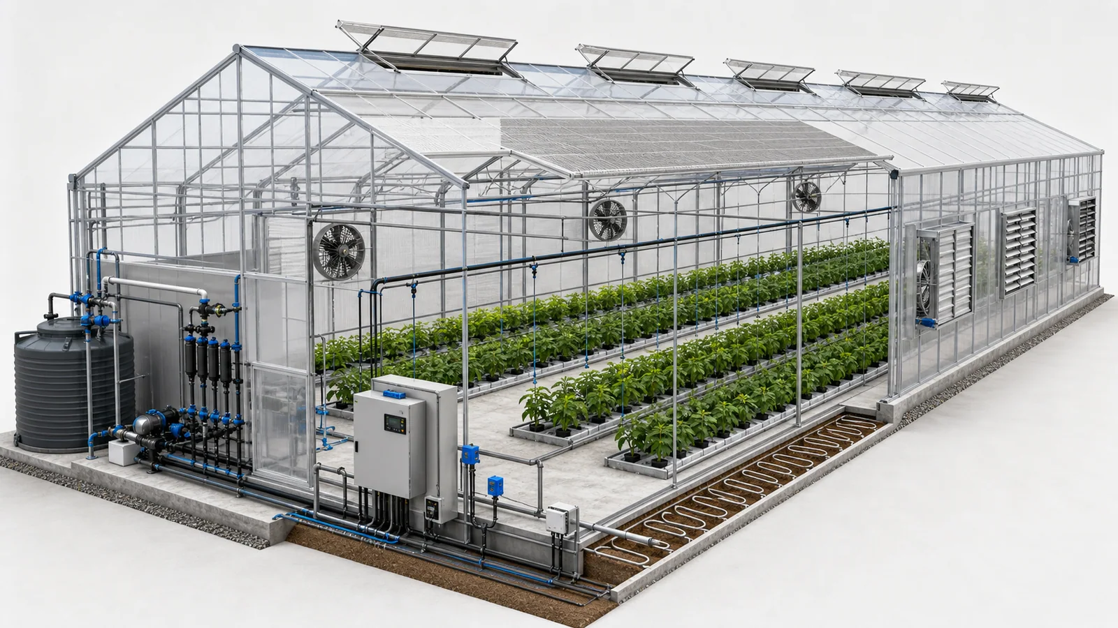 Commercial greenhouse overview showing structure ventilation irrigation controls and heating systems